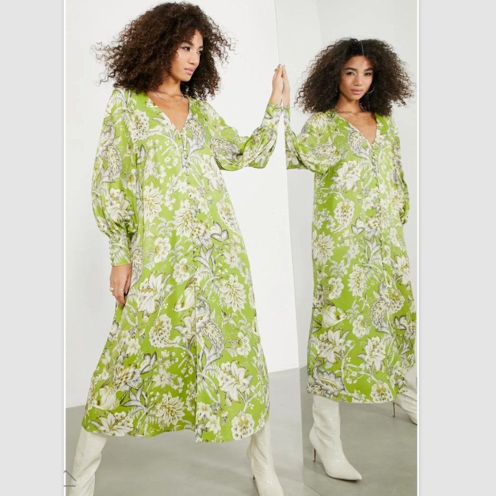 ASOS DESIGN Flora & Fauna Long Sleeve Button-Up Midi Dress US Size 2 - Green NWT